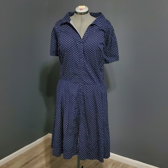 Ellos Navy Blue Polka Dot Shirtwaist Midi Dress Pockets - Picture 1 of 7